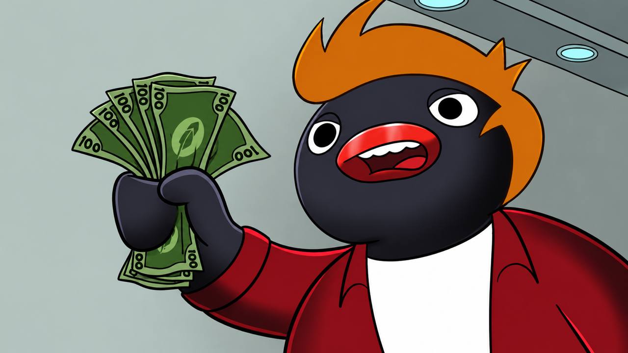 noot holding a fan of robinhood dollars
