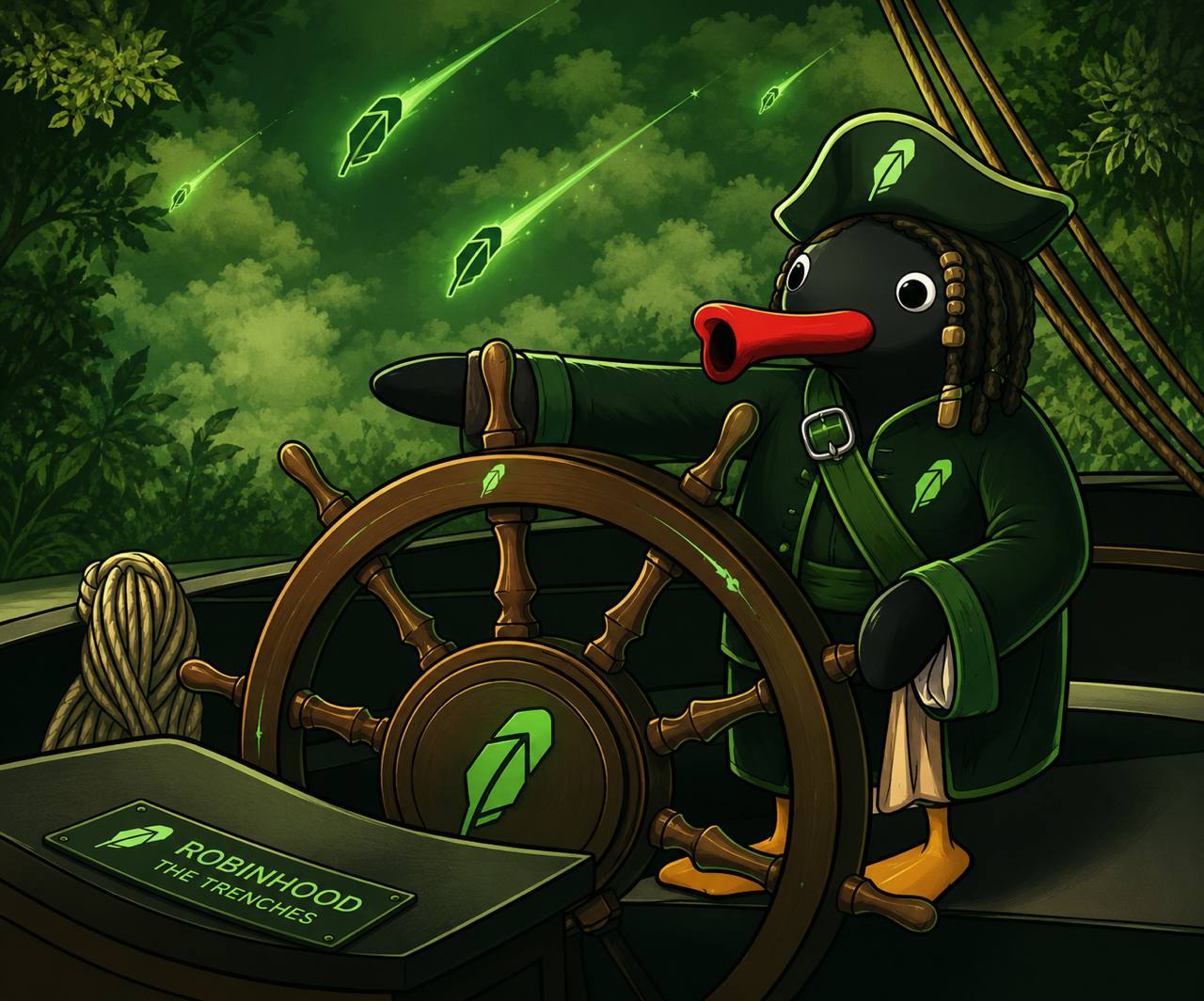 pirate noot steering a ship through the robinhood trenches