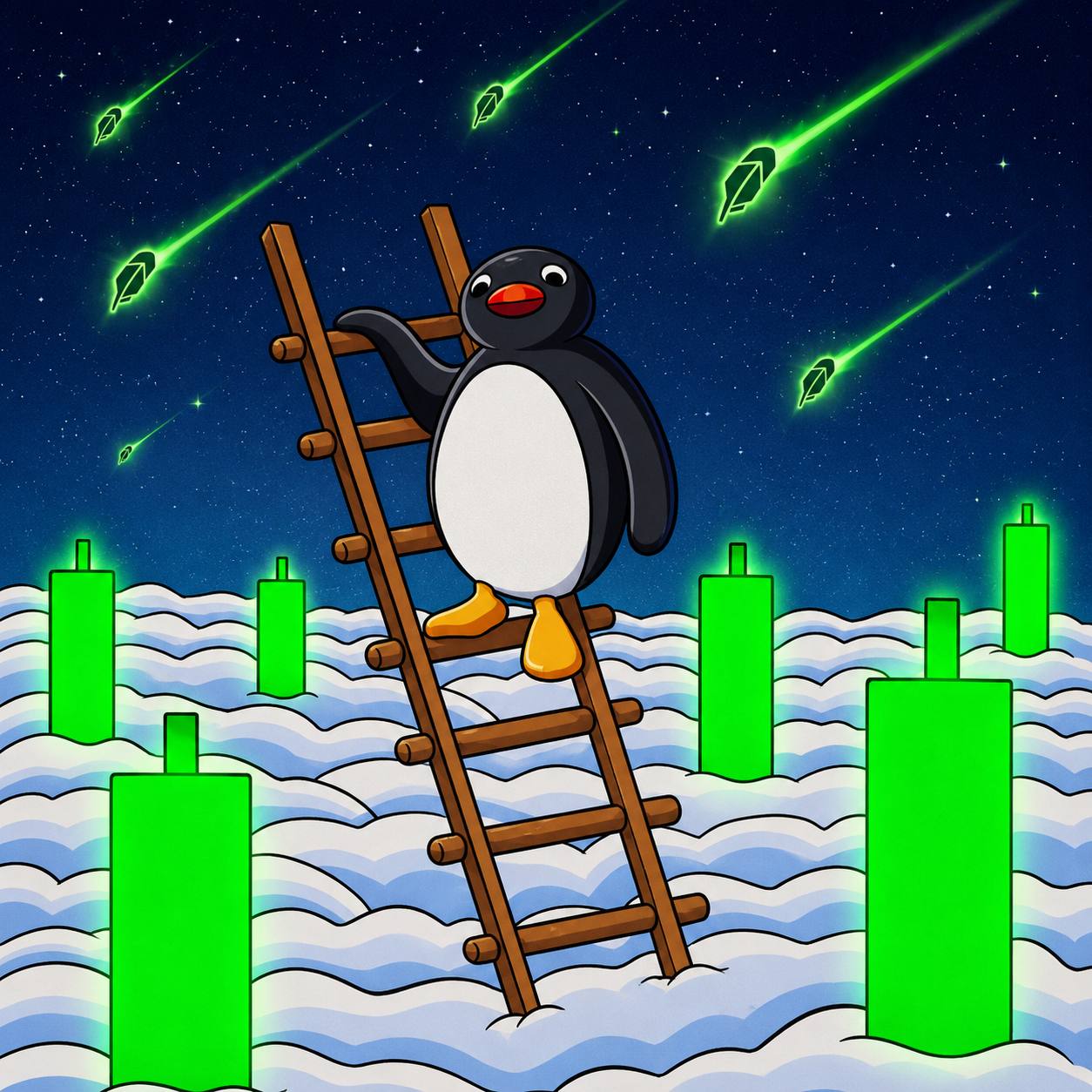 noot climbing a ladder above the clouds toward green candles