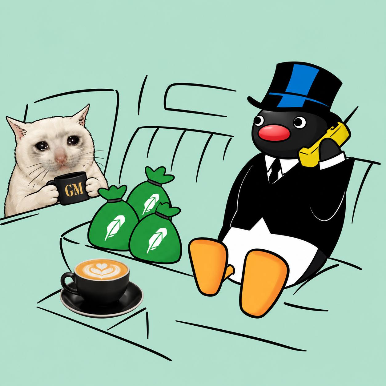 noot on the phone next to a cat drinking gm coffee